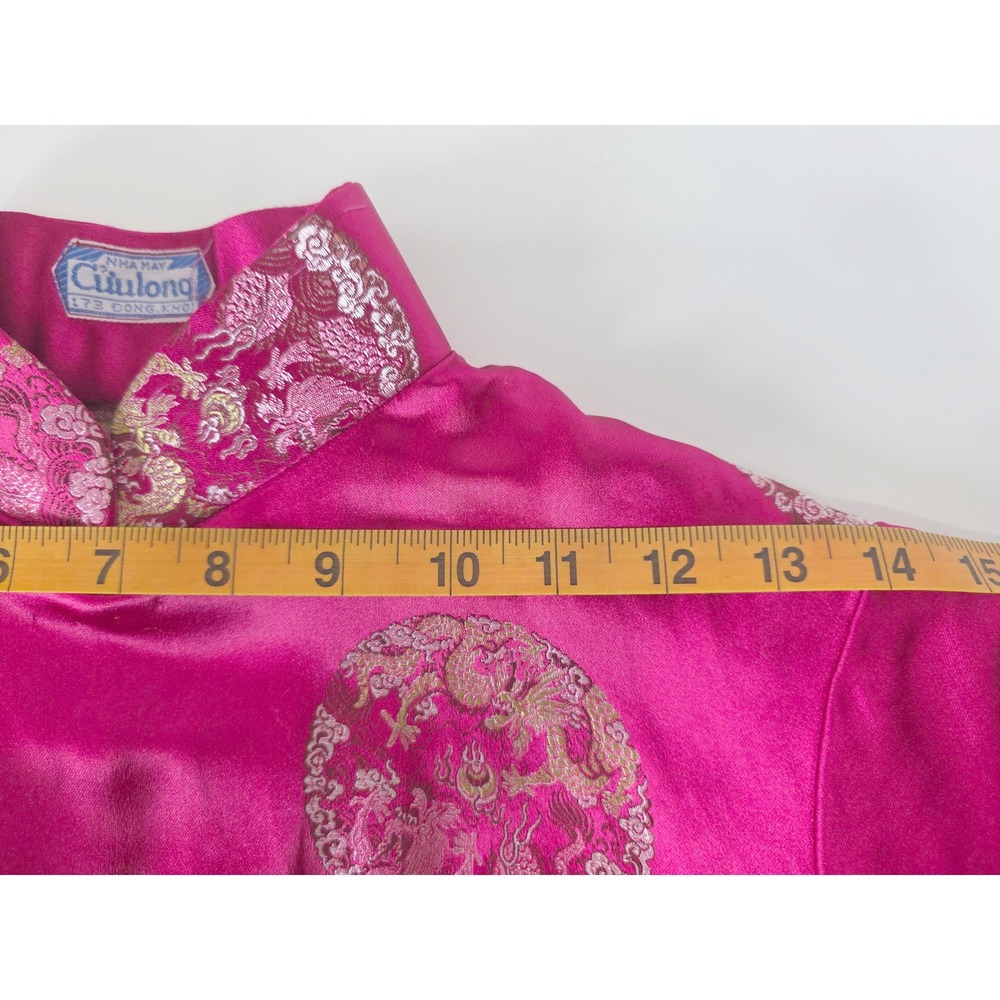 60s Vintage Fuchsia Pink Satin Cheongsam Qipao Dress Dragon Phoenix Brocade Midi - Picture 14 of 16